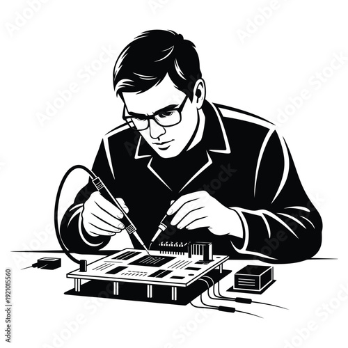 black and white silhouette of a man wearing glasses intently soldering a circuit board with a soldering iron, focused on detailed electronic work on transparent background