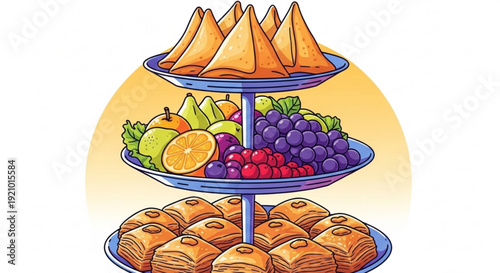 Colorful dessert tower with samosas fresh fruits and pastries on a white background