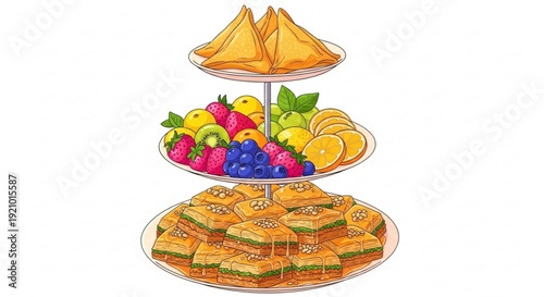 Colorful dessert tower with samosas fresh fruit and sweet pastries on a white background