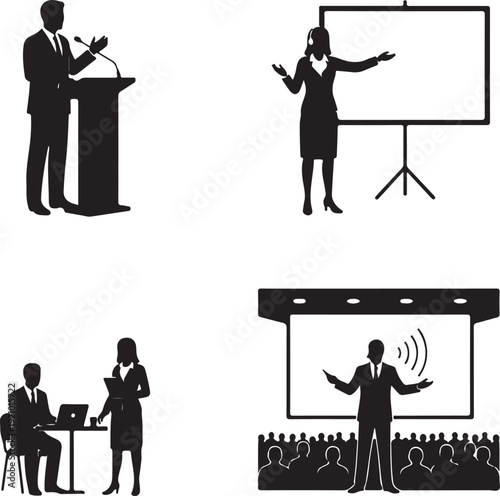 Set of four public speaking silhouettes.