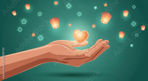 Hand holding glowing heart with floating lanterns and stars on teal background symbolizing love and hope