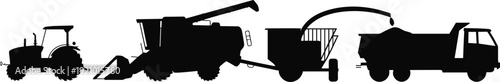 Black silhouette collection of agricultural machinery including tractor combine harvester grain trailer and heavy truck for industrial farming and harvest season.