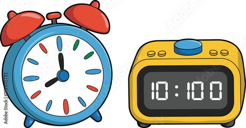 Analog and digital alarm clock vector illustration set, colorful cartoon time management concept isolated on white background