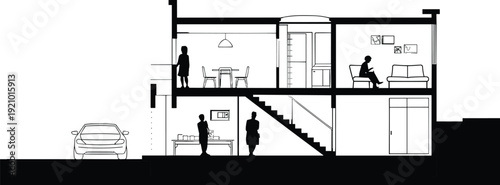 Architectural line art collection featuring modern building wireframe perspectives and a detailed residential house cross section with silhouettes for urban design