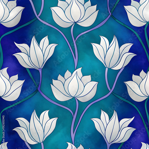 A seamless pattern with pichwai style lotus arranged in a tile-style repeat on a turquoise background. It can be used for printing on various surfaces like textiles and paper or digital work as well.