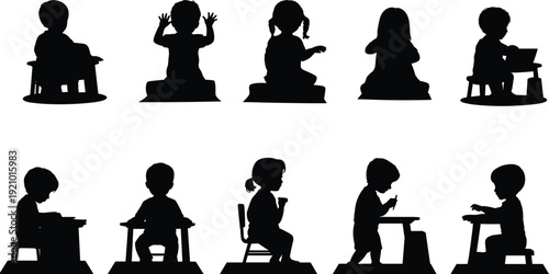 Black silhouette collection of toddlers sitting at desks reading playing and learning for early childhood education preschool development and parenting.