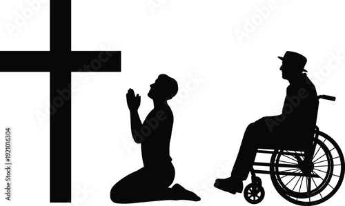 Black silhouette of a person kneeling in prayer before a cross and an elderly man in a wheelchair seeking healing.