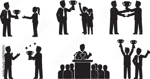 Black Solid Manager Presenting Award Silhouettes Set of Six on White Background