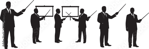 Black Solid Manager with Pointer Stick Silhouettes Set of Six on White Background