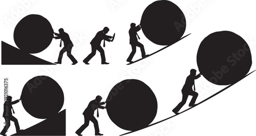 Black Solid Manager Pushing Boulder Uphill Silhouettes Set of Six on White Background