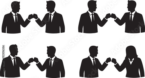 Black Solid Managers Fist Bump Silhouettes Set of Six on White Background