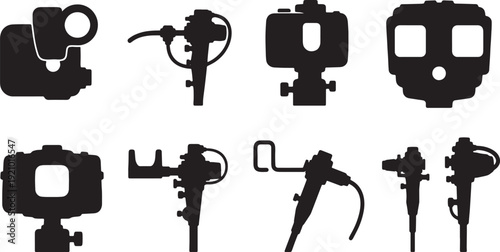 Black Solid Medical Surgical Camera Silhouettes Set of Six on White Background