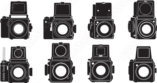 Black Solid Medium Format Camera Silhouettes Set of Six on White Background