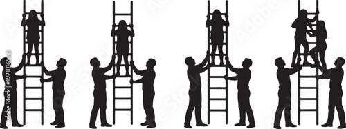 Black Solid Mentor Holding Ladder Silhouettes Set of Six on White Background