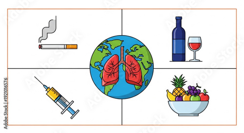 Unhealthy Lifestyle Choices and Their Impact on Global Health and Well-being, Illustrated by Icons of Smoking, Alcohol, Drugs, and Poor Diet