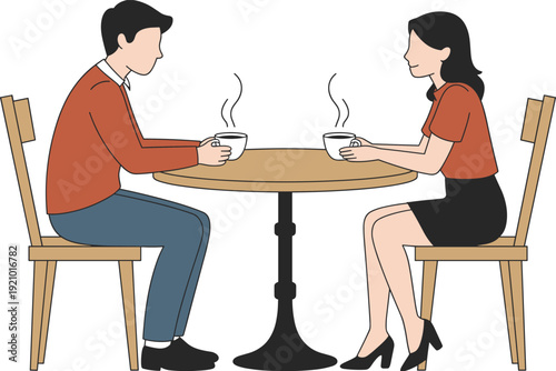 Couple on Romantic Coffee Date Vector Illustration of Man and Woman Sitting at Cafe Table Drinking Hot Tea or Coffee