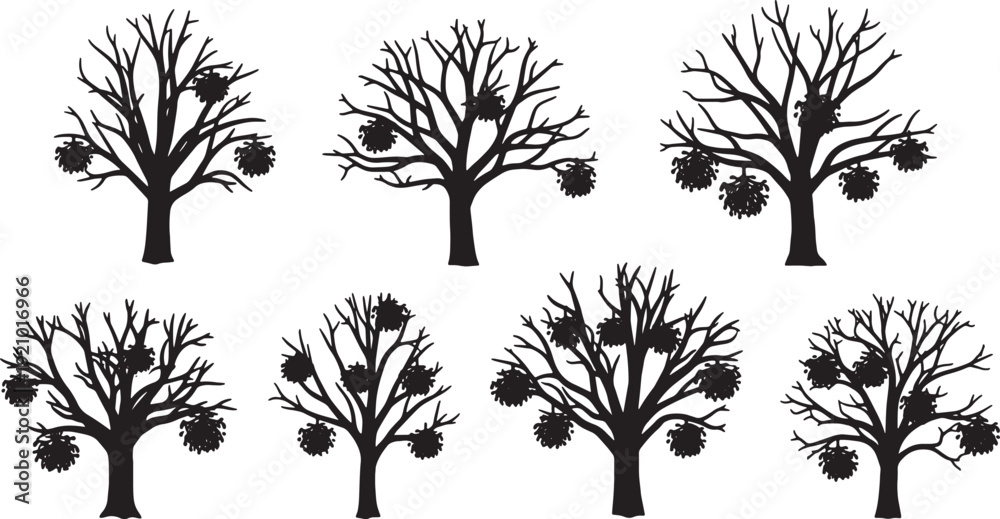 Obraz premium Black Solid Mistletoe Clump Tree Silhouettes Set of Six on White Background