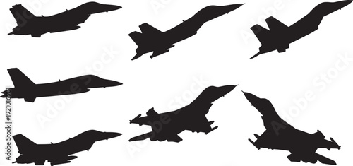 Black Solid Military Fighter Jet Silhouettes Set of Six on White Background