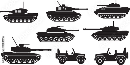 Black Solid Various Types of Military Vehicle Silhouettes Set of Six on White Background