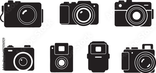 Black Solid Miniature Camera Silhouettes Set of Six on White Background