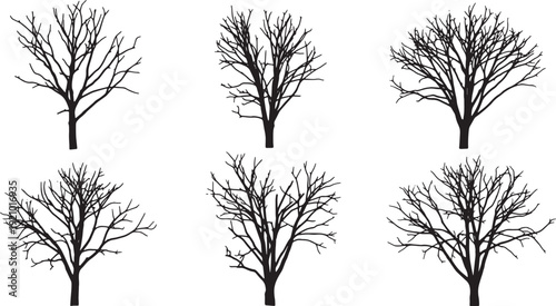Black Solid Minimalist Dead Tree Silhouettes Set of Six on White Background