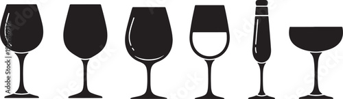 Black Solid Minimalist Wine Glasses Silhouettes Set of Six on White Background
