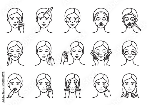 Skincare routine icons set with woman face applying beauty products line style