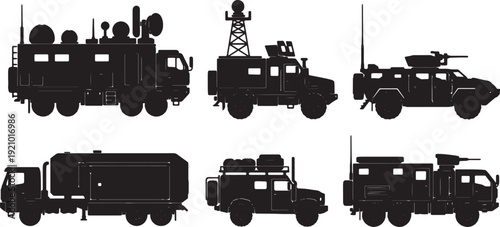 Black Solid Mobile Command and Control Truck Silhouettes Set of Six on White Background
