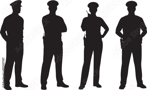 Set of four security guard silhouettes standing alert, white background.