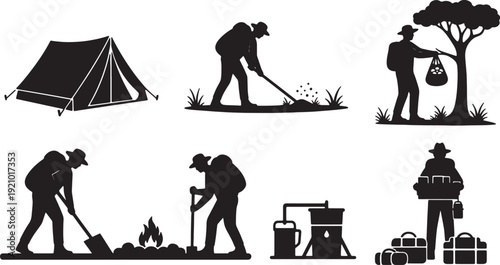 Explorers Setting Up a Base Camp Black Solid Silhouettes Set