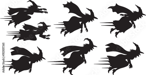 Black Solid Banking Turn Witch Silhouettes Set of Six on White Background