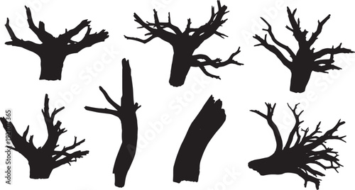 Black Solid Beach Driftwood Tree Silhouettes Set of Six on White Background