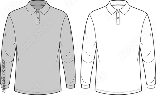 Long sleeve polo shirt technical drawing template, men collared sweatshirt flat sketch front back view apparel design