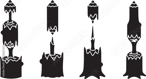 Black Solid Beaver Chewed Stump Silhouettes Set of Six on White Background