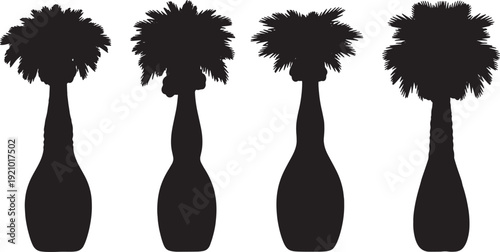 Black Solid Bottle Palm Silhouettes Set of Six on White Background