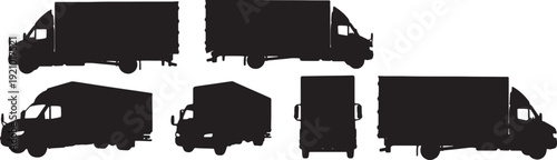 Black Solid Box Truck Silhouettes Set of Six on White Background