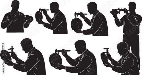 Black Solid Mechanic Measuring Pad Silhouettes Set of Six on White Background