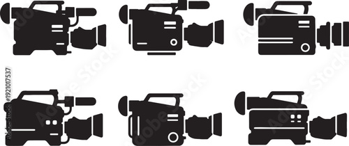 Black Solid Broadcast ENG Camera Silhouettes Set of Six on White Background