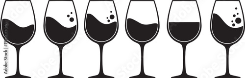 Black Solid Abstract Liquid Wine Glasses Silhouettes Set of Six on White Background