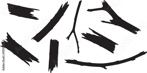 Black Solid Broken Branch Fragment Silhouettes Set of Six on White Background