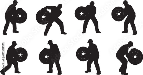 Black Solid Mechanic Holding Rotor Silhouettes Set of Six on White Background