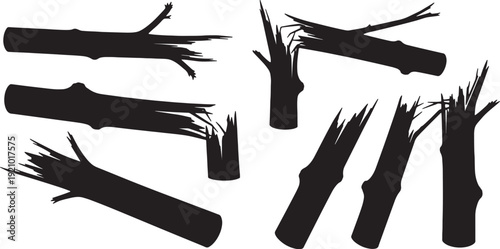 Black Solid Broken Tree Trunk Silhouettes Set of Six on White Background