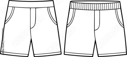 Men casual shorts technical drawing template, elastic waistband and classic pocket flat sketch front view vector illustration