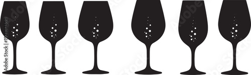 Black Solid Bubbly Wine Glasses Silhouettes Set of Six on White Background