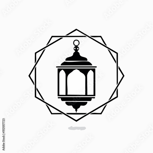 Black silhouette of a lantern enclosed in a geometric shape on a white background.
