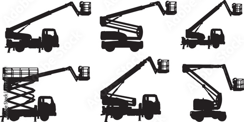 Black Solid Aerial Work Platform Truck Silhouettes Set of Six on White Background