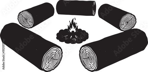 Black Solid Campfire Log Seating Silhouettes Set of Six on White Background
