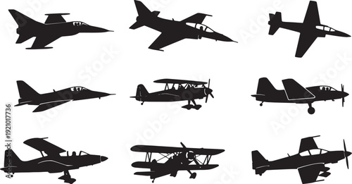 Black Solid Aerobatic Team Display Planes Silhouettes Set of Six on White Background
