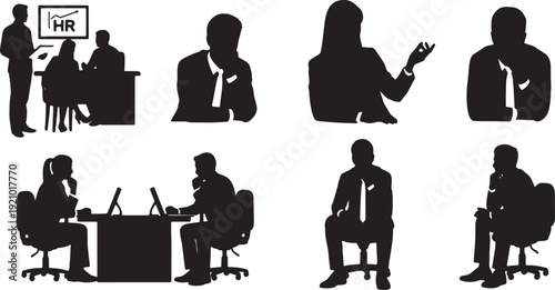 Black Solid Candidate Questions Silhouettes Set of Six on White Background