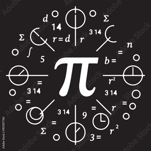 Pi Day illustration featuring a central Pi symbol with a circular dial of math formulas, numbers, and geometry concepts.